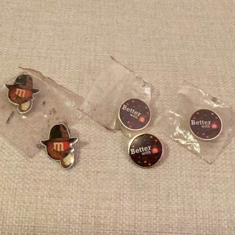 Five(5) M&M Mars Vintage Lapel Pins Dated 2008 And 2013